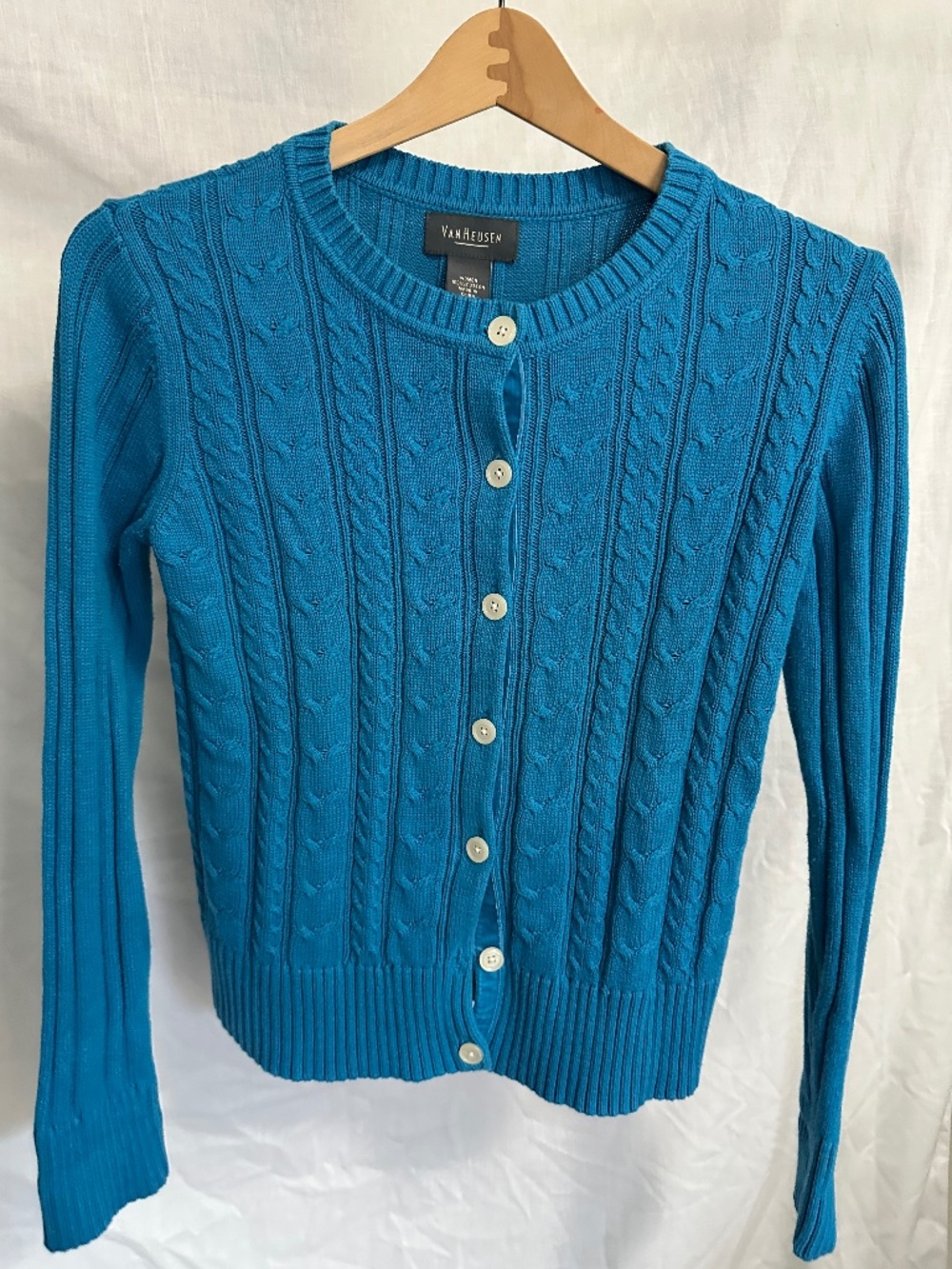Van Heusen Cable Knit Cardigan Sweater – Women’s Small – Turquoise Blue 100% Cot
